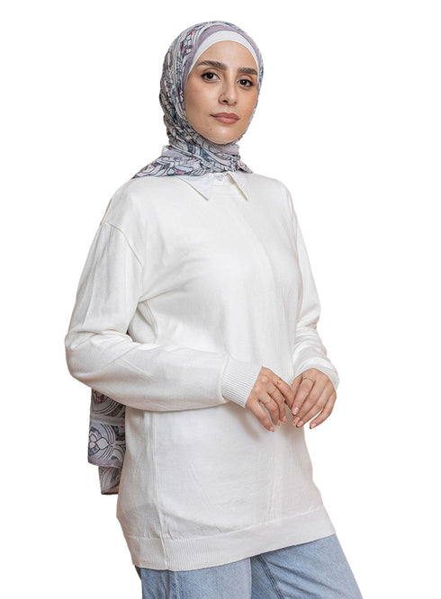 بلوفر مضفر برقبة دائرية - اوف وايت